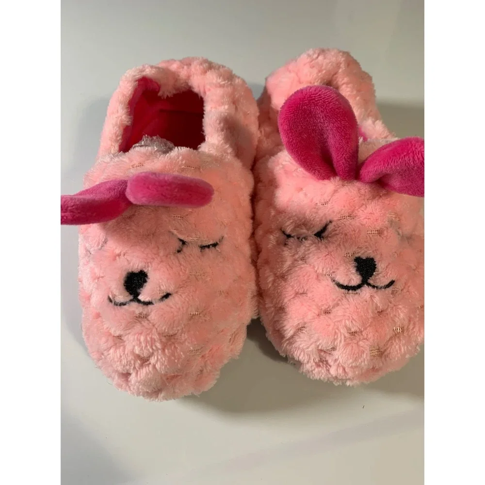 Kids Pink Bunny Slippers Plush Fuzzy Fleece EARS Size L 9 10